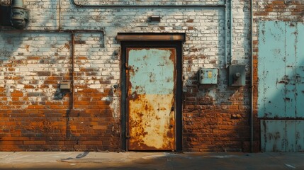 Asymmetrical metal doors embedded in a weathered brick wall, forming an entrance to a transformer area with a raw, industrial feel