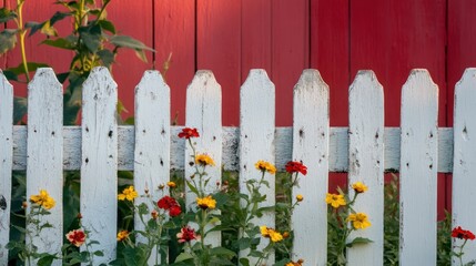 Fototapeta premium Red and Yellow flowers growing through a white picket fence with a red barn in the background.