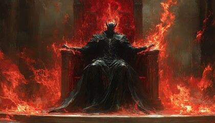 A powerful dark figure seated on a throne, surrounded by flames, embodying an aura of menace and authority.