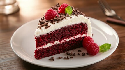 A heavenly slice of red velvet cake with cream cheese frosting, adorned with chocolate shavings and fresh raspberries, Cake slice centered
