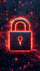 A glowing digital padlock symbolizing cybersecurity and data protection in a modern tech-inspired design.