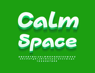 Vector eco concept Calm Space. Handwritten White Font. Creative 3D Alphabet Letters and Numbers set.