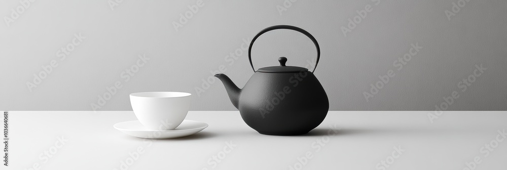 Poster a stylish black tea kettle is placed next to a white cup on a simple table, creating a calm and invi