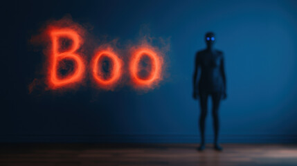 Fototapeta premium A dark silhouette stands against a blue wall with the word 