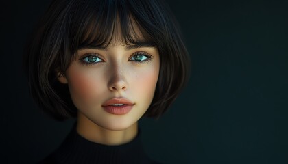 Fototapeta premium A captivating portrait of a young woman with striking blue eyes and dark hair, showcasing natural beauty and elegance.