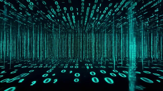 Binary code background, Digital matrix, floating numbers, cyber forest, glowing teal, binary code pillars, data streams, futuristic landscape, virtual reality, technological nature, digital rain