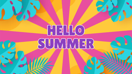 Hello Summer  sale banner featuring a dynamic sunburst background in vibrant yellow and pink, surrounded by lush tropical blue and green palm leaves.