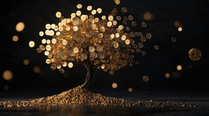 A golden business tree with sleek branches reaching into circles, each representing successful profits and financial achievements