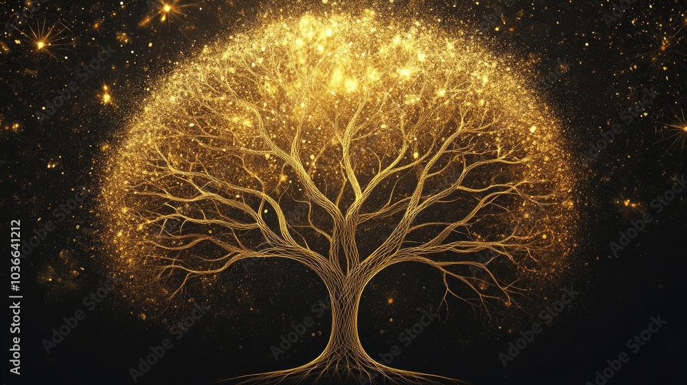 Aufkleber a golden tree with fine lines branching out, each branch ending in a circle symbolizing high profits
