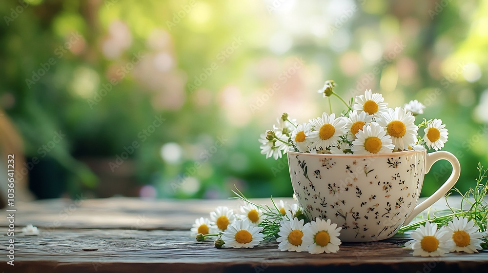 Poster charming scene featuring a delicate cup filled with fresh chamomile flowers resting on a rustic wood