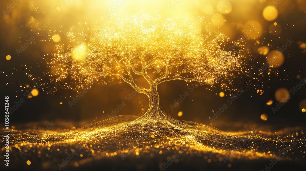 Poster a golden tree with fine lines branching out, each branch ending in a circle symbolizing high profits