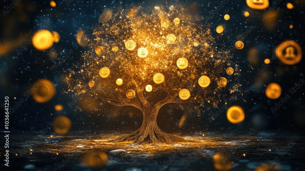 Aufkleber a graphic tree with a golden trunk spreading into branches, each ending in circular symbols of wealt