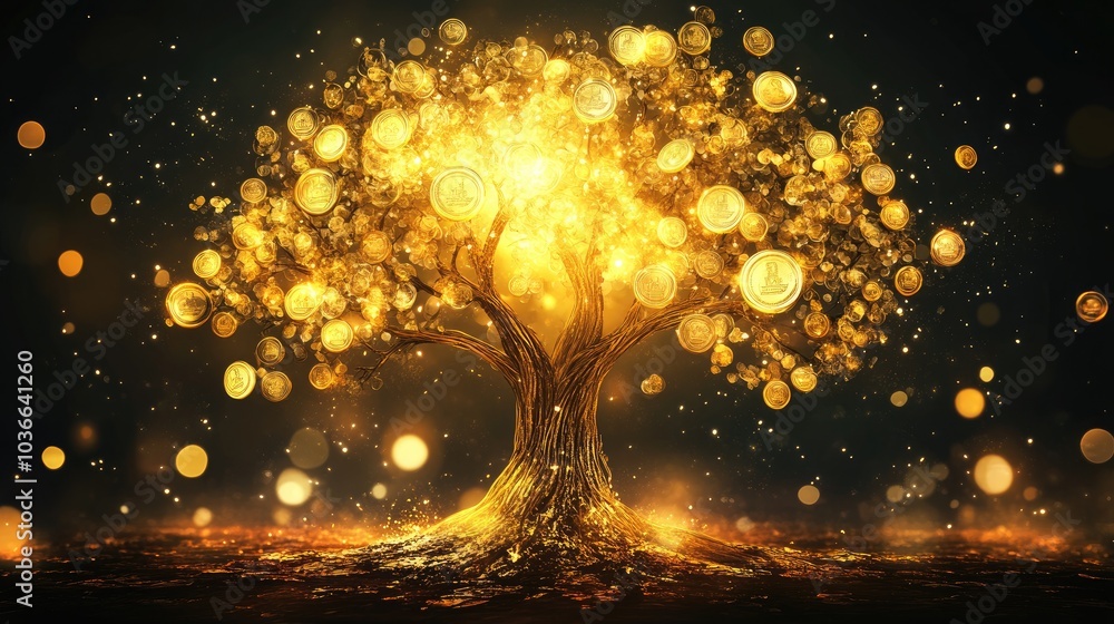 Poster a graphic tree with a golden trunk spreading into branches, each ending in circular symbols of wealt
