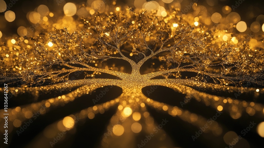 Poster a golden tree with fine lines branching out, each branch ending in a circle symbolizing high profits