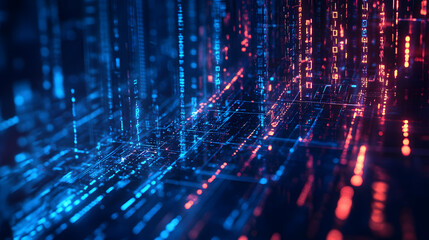 Red blue digital background technology technological operations neural networks AI big data transmission encryption archives audio visual science cyber connection technology computer coding virus