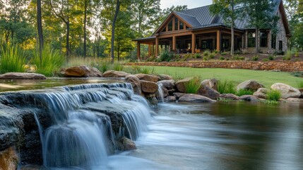Naklejka premium Tranquil waterfall cascading into a pond in front of a stone and wood house.
