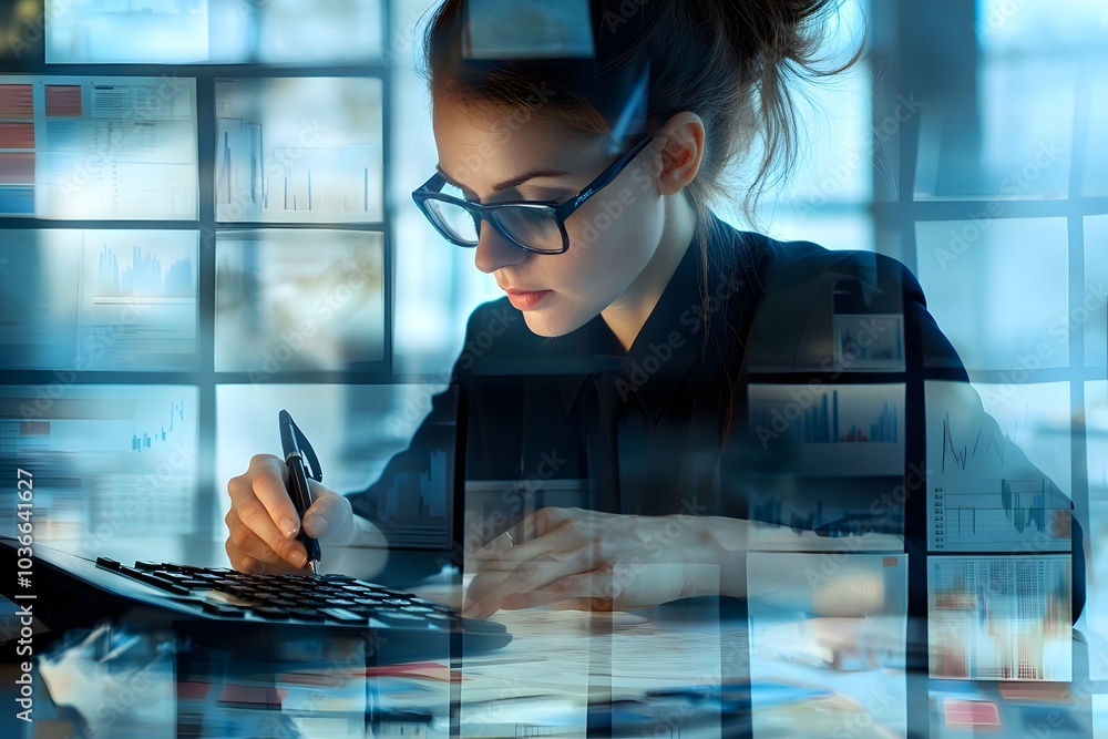 Aufkleber woman with glasses working on calculator and documents with overlapping graphs and charts