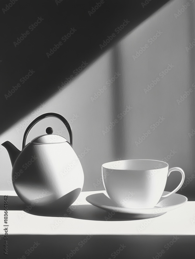Aufkleber A sleek tea kettle sits next to a delicate white cup on a smooth surface, bathed in soft morning light that creates a calming atmosphere. Generative AI