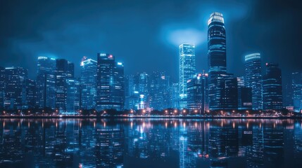 Obraz premium Blue neon lights illuminating a modern cityscape at night