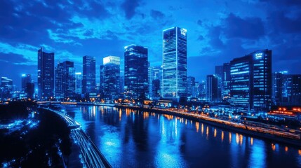 Fototapeta premium Blue neon lights illuminating a modern cityscape at night