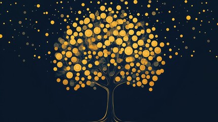 A business graphic of a tree with golden branches extending into circles, each one symbolizing a key profit point, representing growth and success
