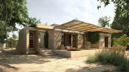 A modern, minimalist house with a thatched roof and large windows.  The house is surrounded by trees and plants, creating a peaceful and relaxing atmosphere.