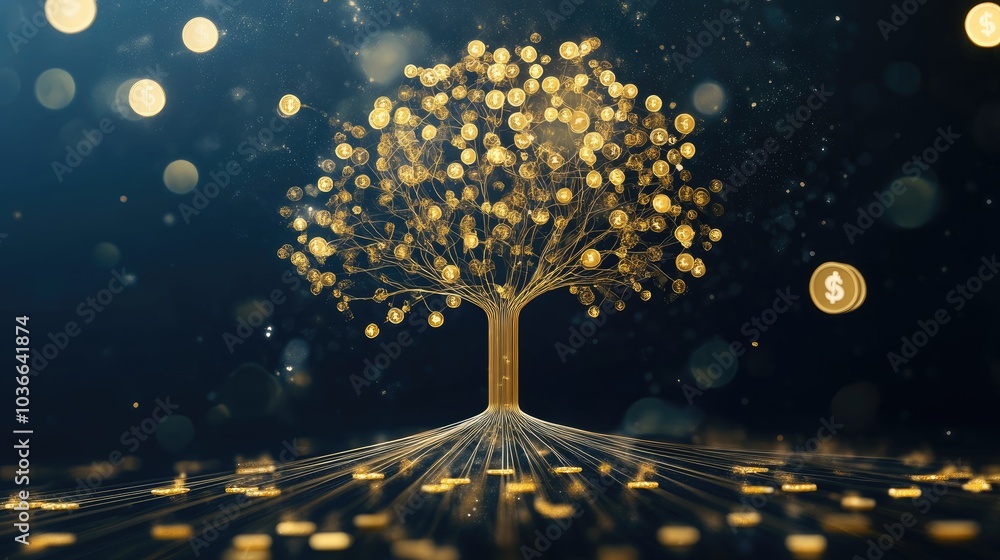 Poster a business tree graphic with golden lines for the trunk, branching into circles symbolizing high pro