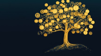 A business tree with a golden trunk and branches reaching into circles, each symbolizing profitable growth and successful ventures