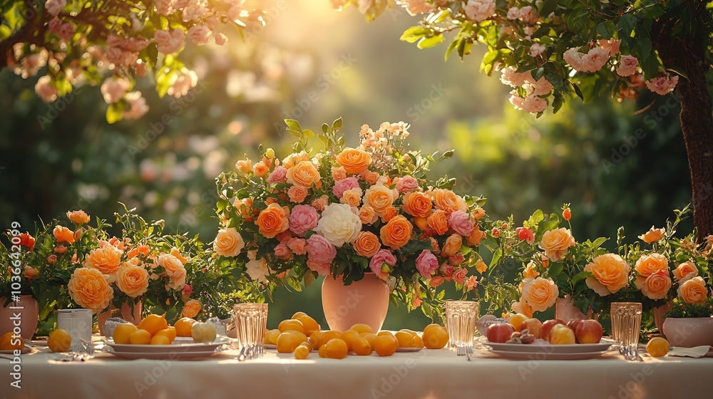 Poster charming spring table decorated with vibrant blooms set against a backdrop of lush trees in bloom th