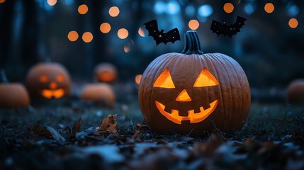 A spooky Halloween scene featuring a glowing jack-o'-lantern surrounded by other carved pumpkins in a dark, atmospheric setting.