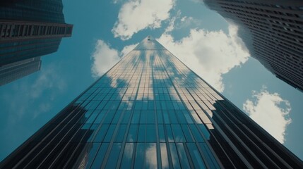Naklejka premium Blue skyscraper reflecting the sky, shot from a low angle