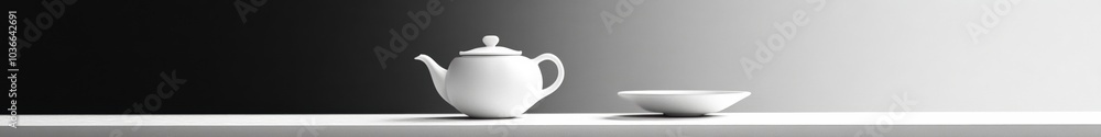 Poster a sleek white tea kettle and matching cup are placed on a table, highlighted by a striking black and