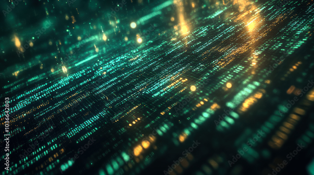 Poster abstract digital background depicting glowing binary code in green hues representing technology and 
