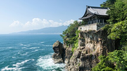 Serene Japanese Coastal Landscape with Ancient Shrines and Rugged Cliffs | Ultra-Detailed Panoramic View of Medieval Japan Coastline