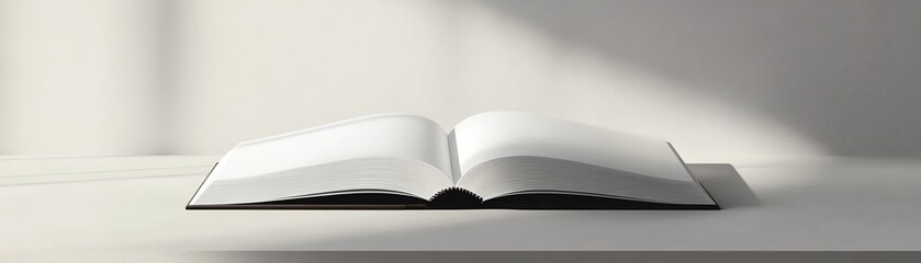 A minimalistic image of an open book resting on a white surface, showcasing its blank pages and elegant design.