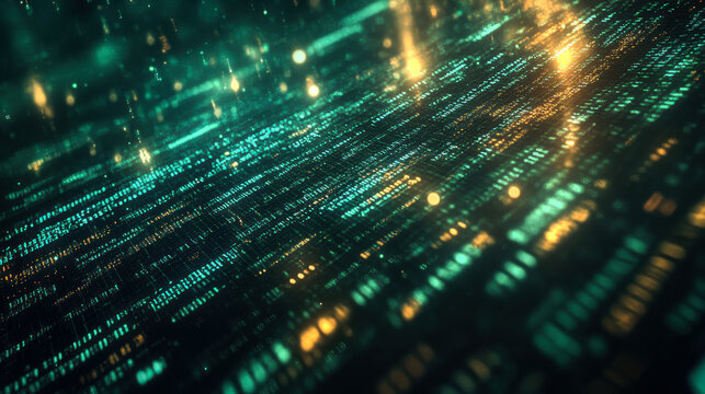 Abstract digital background depicting glowing binary code in green hues representing technology and data processing