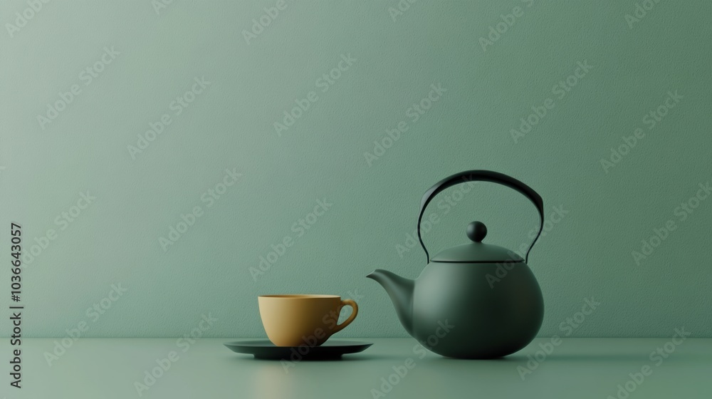 Poster a stylish tea kettle sits alongside a yellow cup on a simple table, creating a serene atmosphere per