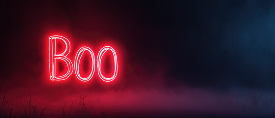 A glowing neon sign displays the word "Boo" in bright red against a dark background, creating a spooky or festive atmosphere.