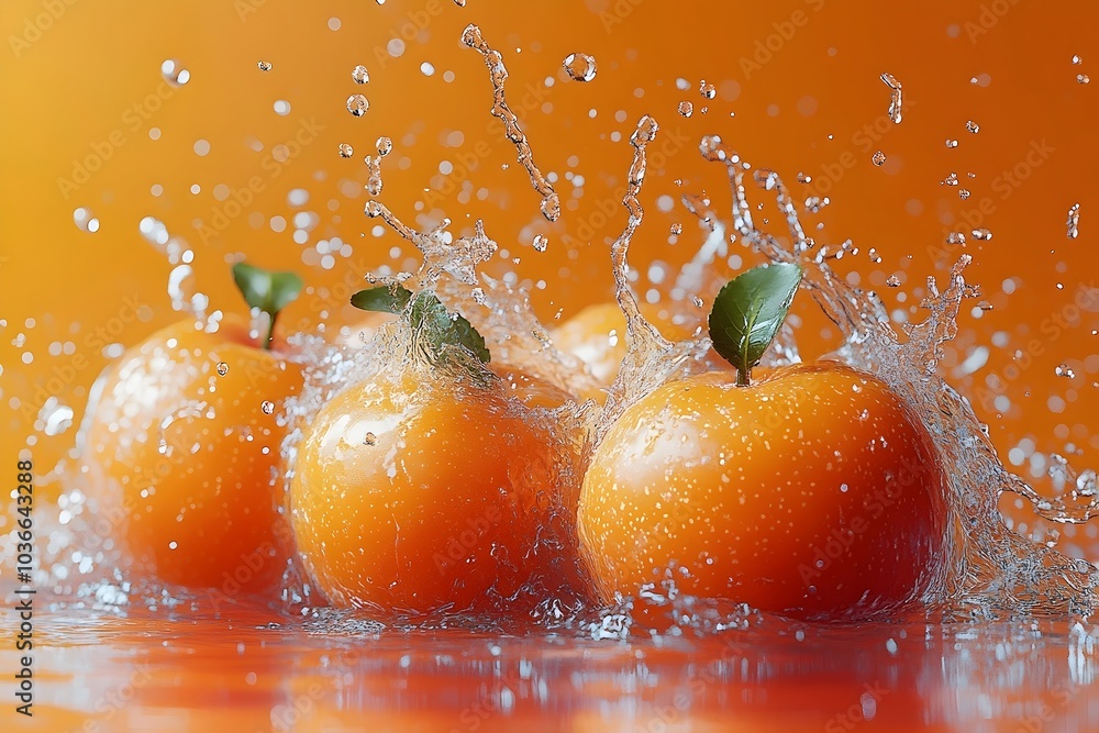 Poster three vibrant oranges with green leaves splashing into water, creating a dynamic scene with bright o