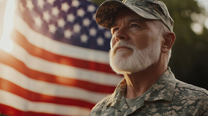 Proud military veteran in uniform standing with American flag