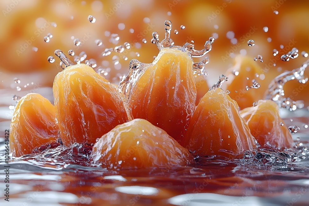 Poster a close-up of vibrant orange fruit splashing in clear water, creating a dynamic scene filled with dr