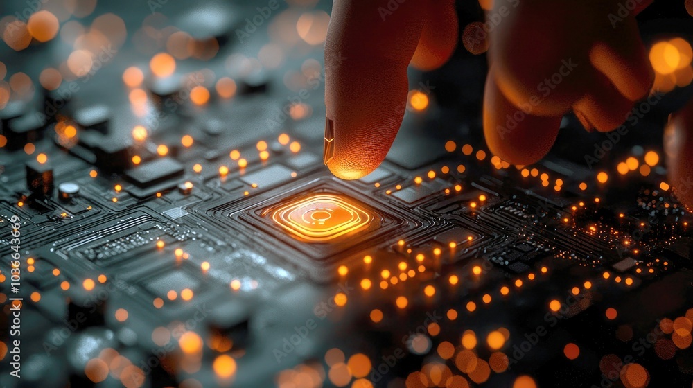 Poster a fingertip hovers over a glowing circuit board, symbolizing the connection between human interactio