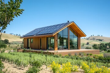Fototapeta premium Modern Wooden House with Solar Panels and Large Windows Set Against a Rolling Hill Landscape