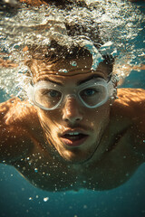 Fototapeta premium A man underwater, wearing goggles, with captivating expression while swimming, showcasing the beauty of aquatic sports.