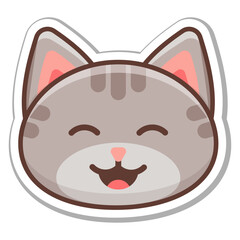 Emotion sticker of a joyful gray cat with a smile. Vector illustration.
