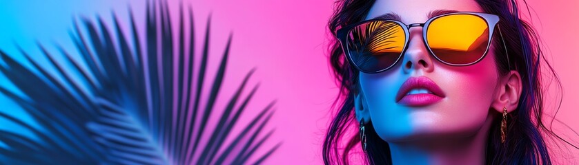 A stylish woman with vibrant sunglasses poses in front of a colorful background, embodying modern fashion and summer vibes.