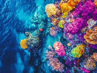 Naklejka premium Vibrant coral reef underwater with colorful marine life, top view, clear blue ocean.