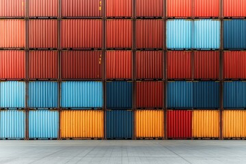 Fototapeta premium Stacked cargo containers for import export and supply chain concept. Stacked cargo containers in vivid colors, stacked cargo containers at shipping port for global trade