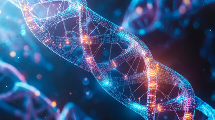 Visual representation of DNA helix illuminated by blue and pink lights showcasing intricate structure and scientific significance in biotechnology