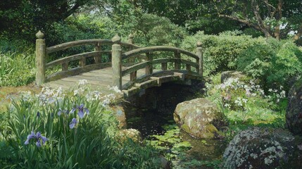 Tranquil Japanese Garden Scenery with Wooden Bridge, Irises, and Lush Foliage | Ultra-Detailed Landscape Photography of Ancient Japan